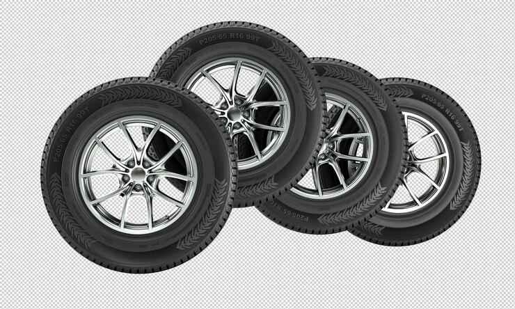 PSD juego de neumáticos de invierno con llanta cromada aislada en blanco 3d render