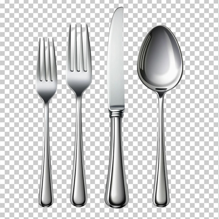 PSD un juego de platos de plata y cucharas con un cuchillo y una cuchara