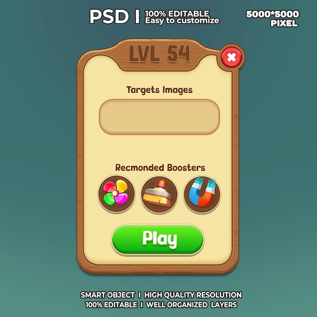 Juego popup con juegos de power ups UI pop PSD juego casual ui juego popup ui