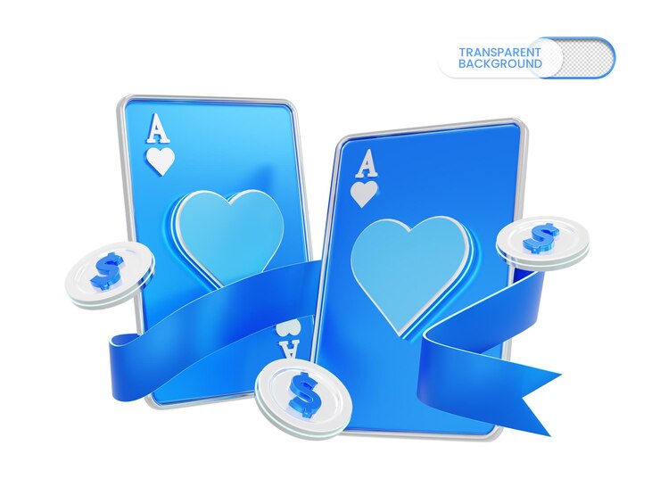 PSD juego de póquer baccarat renderización 3d con un corazón azul y volando alrededor de las monedas de dólar
