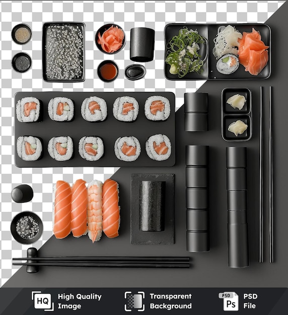 PSD un juego de preparación para los entusiastas del sushi con un plato blanco y negro, una mesa blanca y negra y una pluma negra.