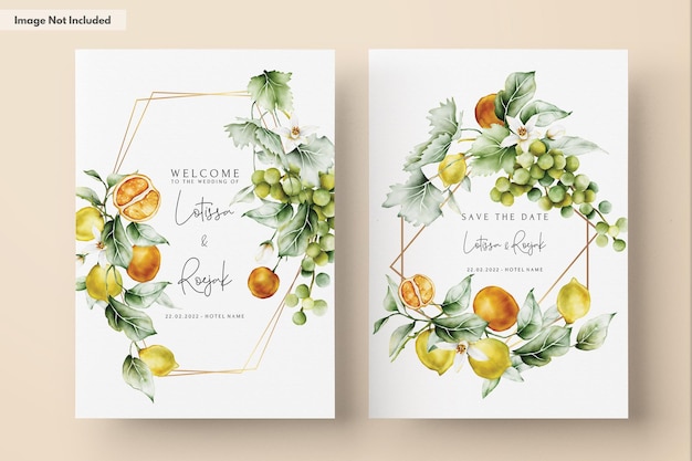 Juego de tarjetas de invitación de boda con limón y flores