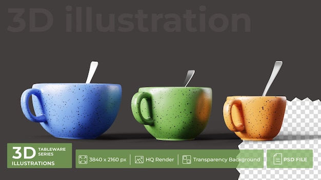 Juego de tres tazas de té de colores con cucharas en el interior en una fila sobre un fondo oscuro
