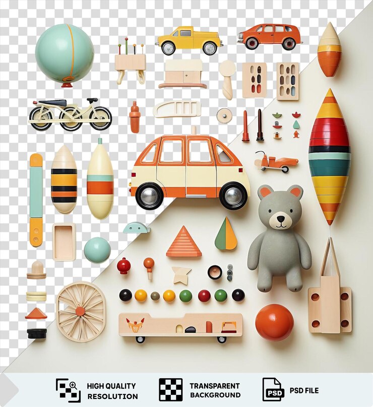 PSD juego único de juguetes infantiles con un pequeño coche naranja globo azul juguete naranja pared blanca rueda negra y reloj blanco