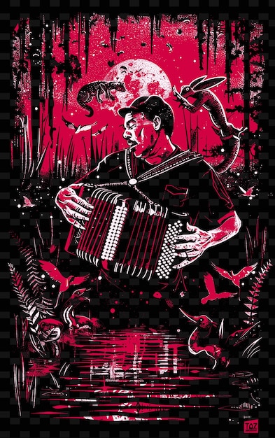 PSD jugador de acordeón zydeco actuando en un bayou de luisiana con diseños de carteles de música ilustrados