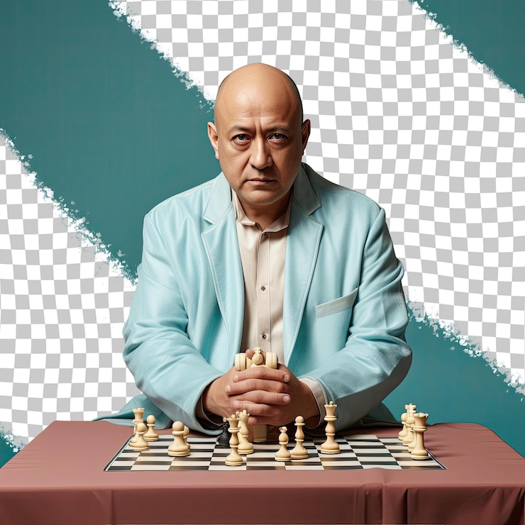 PSD jugador de ajedrez del sudeste asiático en soft gaze y pastel teal pose