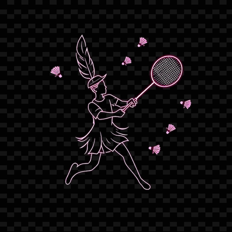 PSD jugador de bádminton con raqueta diseño artístico de pluma de neón con ilustraciones de carácter de neón