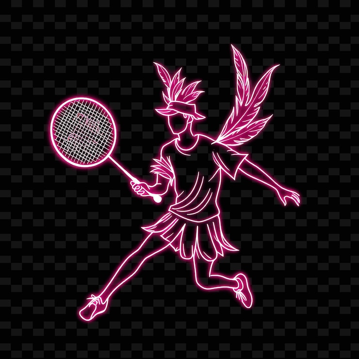 PSD jugador de bádminton con raqueta diseño artístico de pluma de neón con ilustraciones de carácter de neón