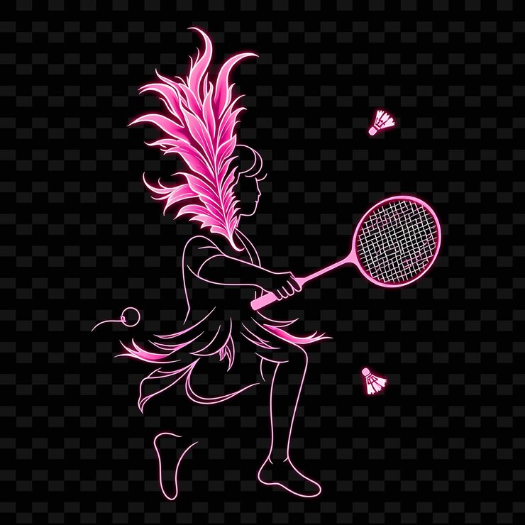 PSD jugador de bádminton con raqueta diseño artístico de pluma de neón con ilustraciones de carácter de neón