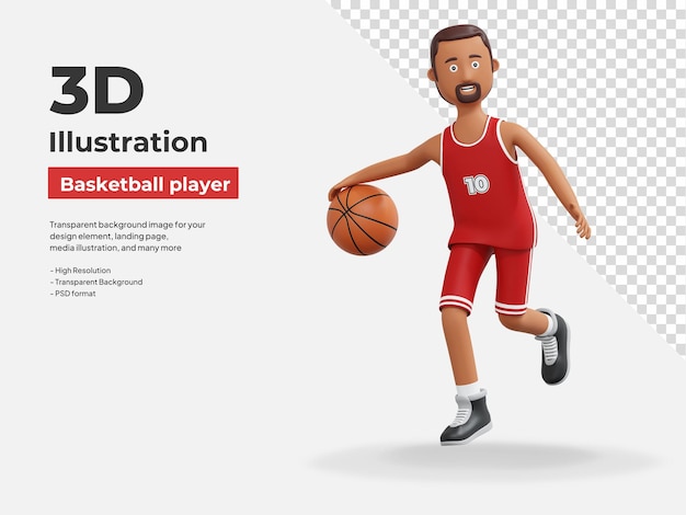 PSD jugador de baloncesto corriendo y regateando la pelota ilustración de dibujos animados en 3d