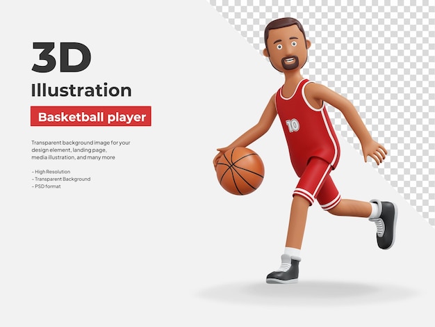 Jugador de baloncesto corriendo y regateando la pelota ilustración de dibujos animados en 3d