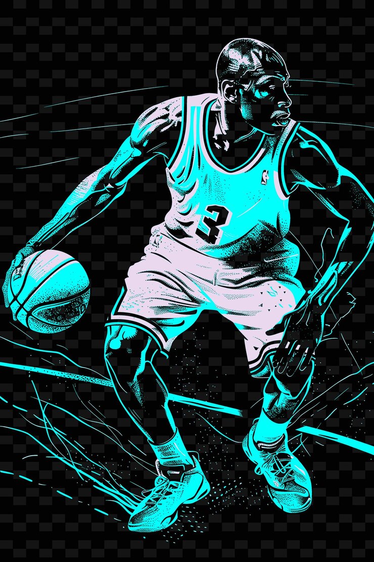 PSD jugador de baloncesto driblando la pelota con la postura de tiro agachada ilustración plano 2d fondo deportivo