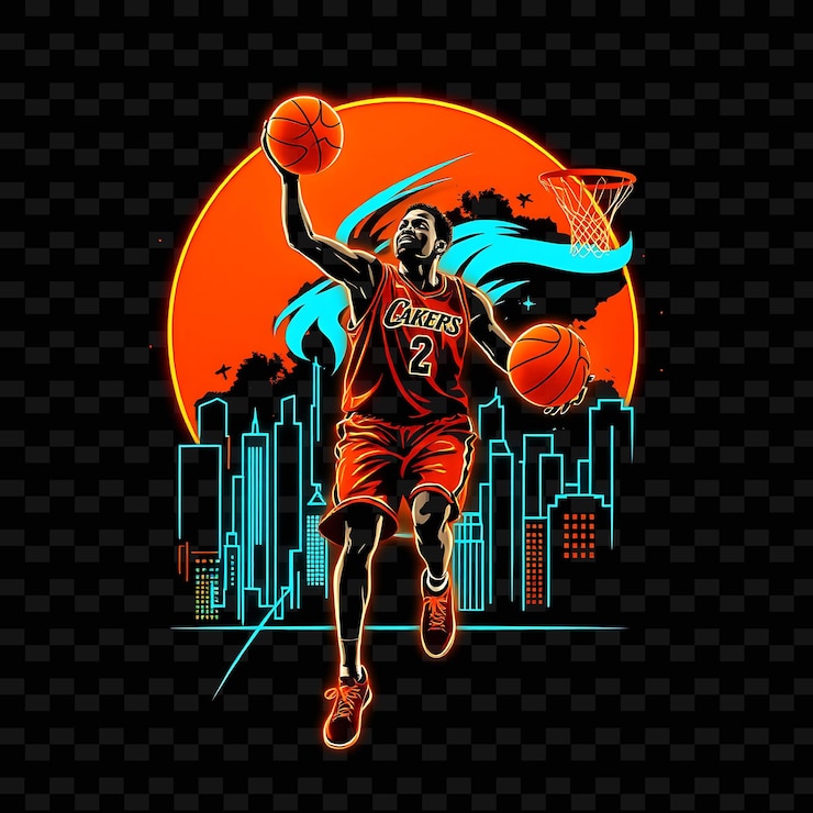 PSD jugador de baloncesto en forma con pelota neon diseño de arte urbano con decoración de color naranja brillante y negro mixto1