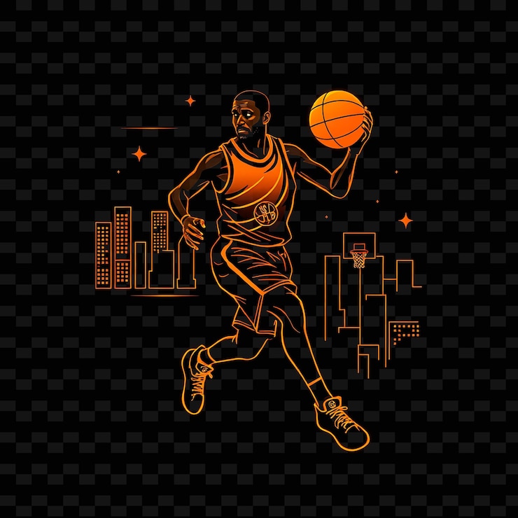 PSD jugador de baloncesto en forma con pelota neon diseño de arte urbano con decoración de color naranja brillante y negro mixto1