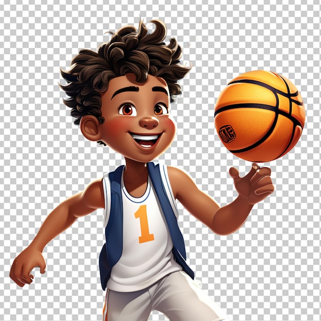 PSD jugador de baloncesto niño corre con la pelota niño pequeño juega al baloncesto ilustración vectorial aislada en blanco vista lateral perfil plano