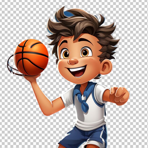 PSD jugador de baloncesto niño corre con la pelota niño pequeño juega al baloncesto ilustración vectorial aislada en blanco vista lateral perfil plano