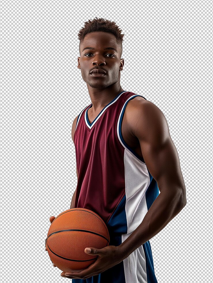 Jugador de baloncesto en postura de acción sosteniendo una pelota