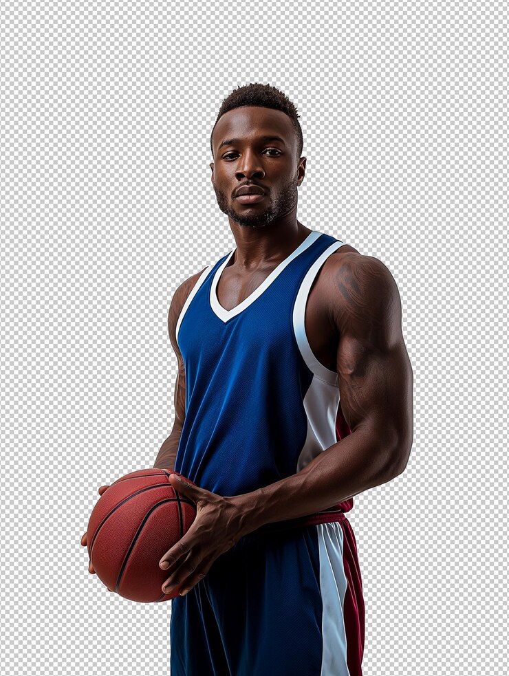 Jugador de baloncesto en postura de acción sosteniendo una pelota