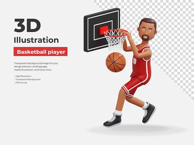 PSD jugador de baloncesto saltando para hacer una puntuación ilustración de dibujos animados en 3d