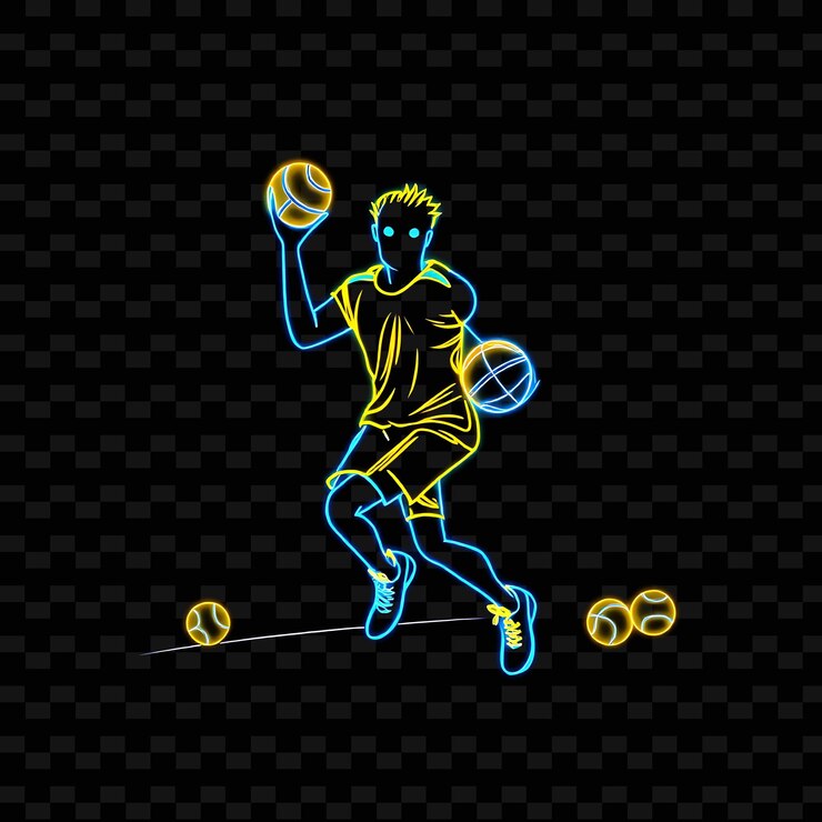 PSD jugador de balonmano tonado con pelota de neón diseño artístico de la cancha con ilustración vívida de neón