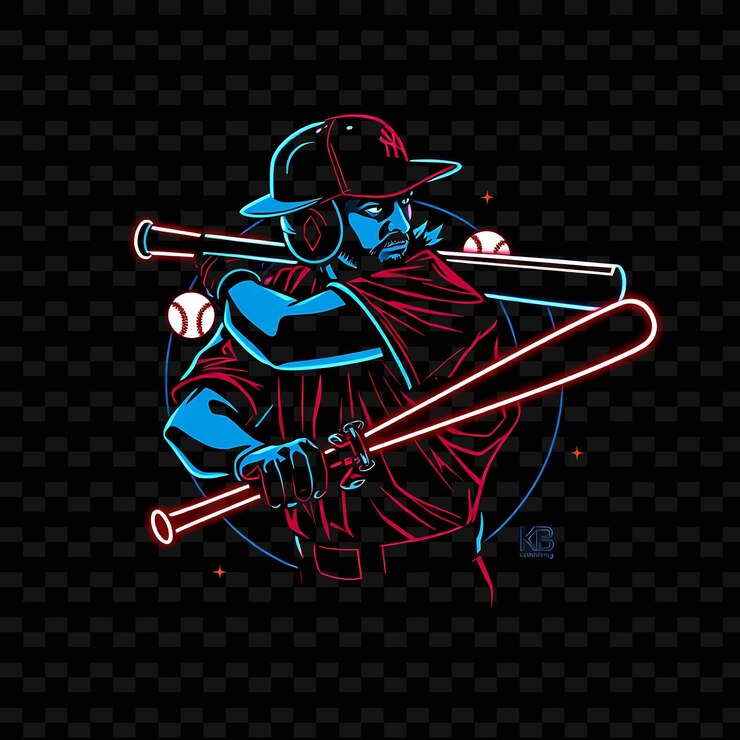 PSD jugador de béisbol con curvas con diseño de arte retro de neón de murciélago con decoración clásica de colores mezclados rojo y azul