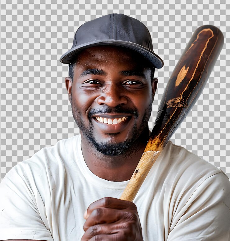 PSD jugador de béisbol sonriendo en un fondo transparente