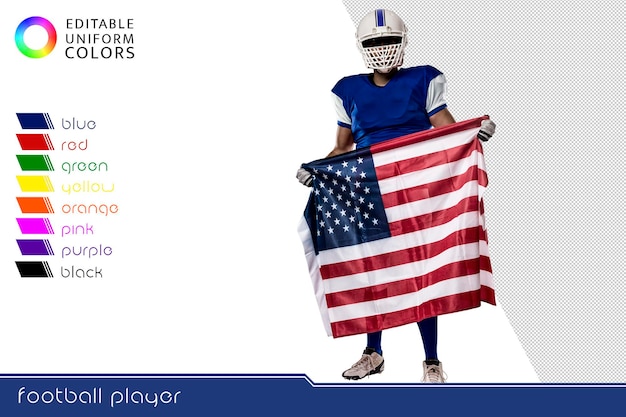 PSD jugador de fútbol americano con varios uniformes coloridos.