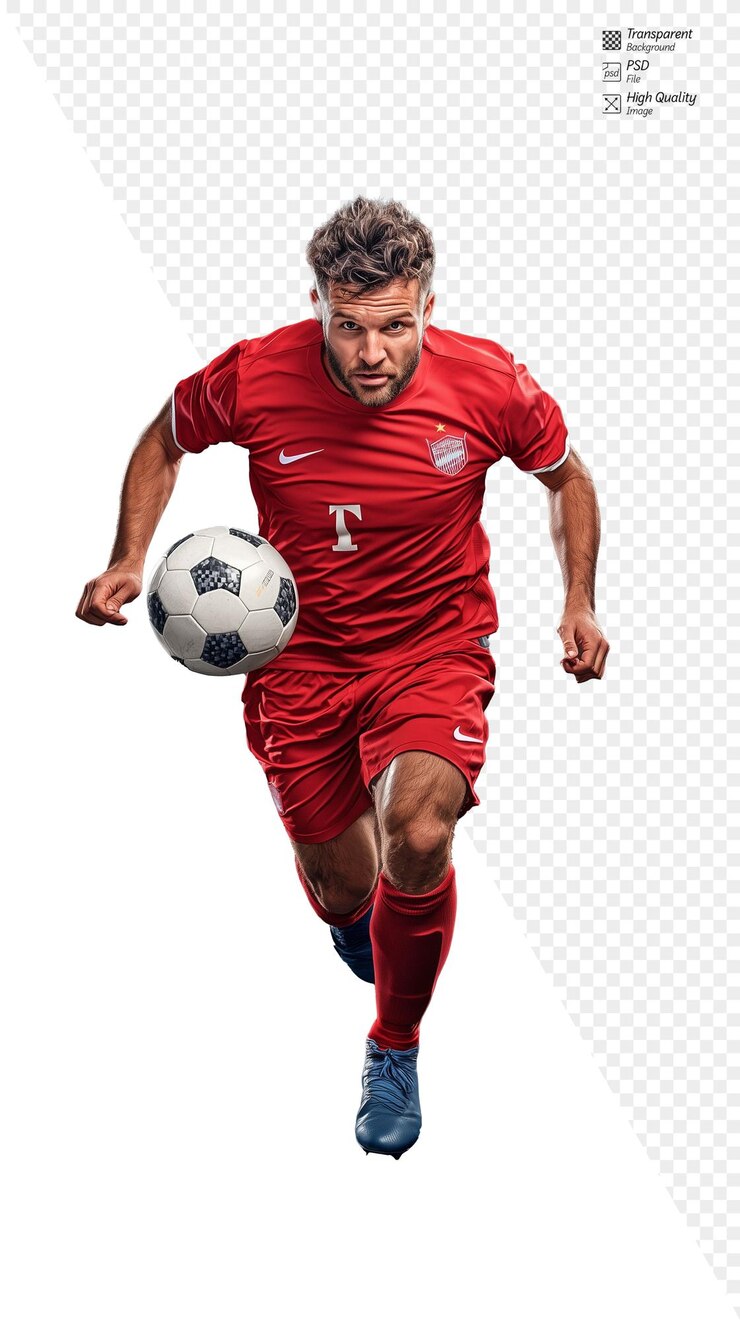 Jugador de fútbol masculino corriendo con una pelota de fútbol en uniforme rojo sobre un fondo transparente