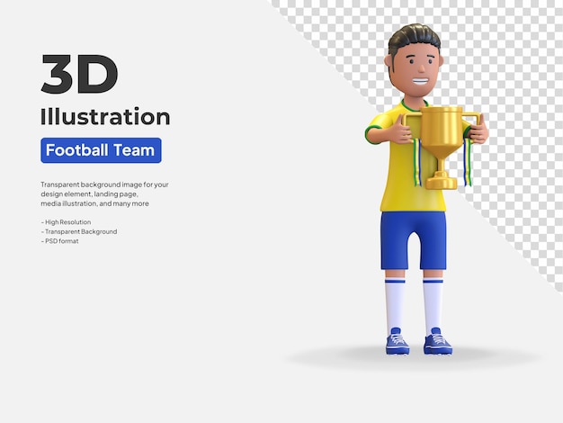 Jugador de fútbol nacional de brasil, hombre que sostiene el trofeo de campeón 3d render ilustración