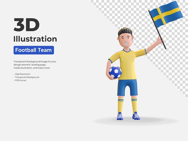 PSD jugador de fútbol nacional de suecia, hombre que sostiene la bola y la bandera del país 3d render ilustración