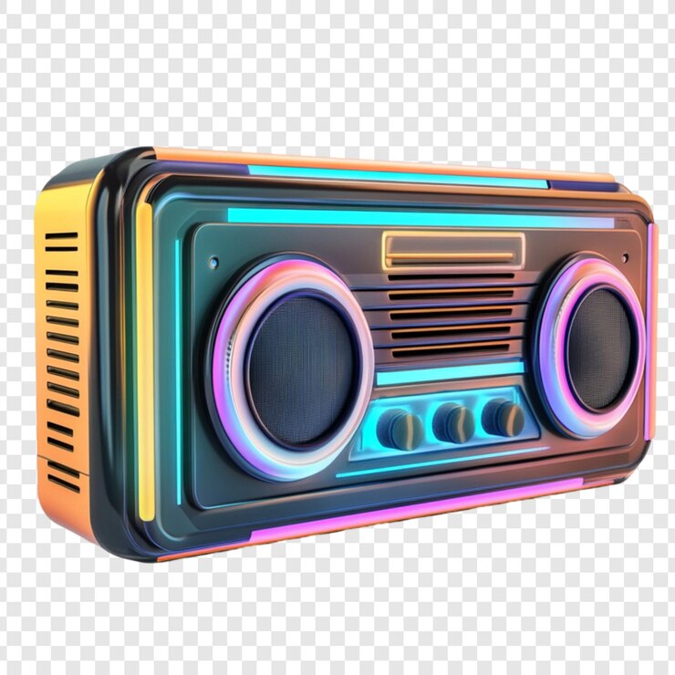 PSD jugador de música de radio antiguo con luces de neón retro boombox