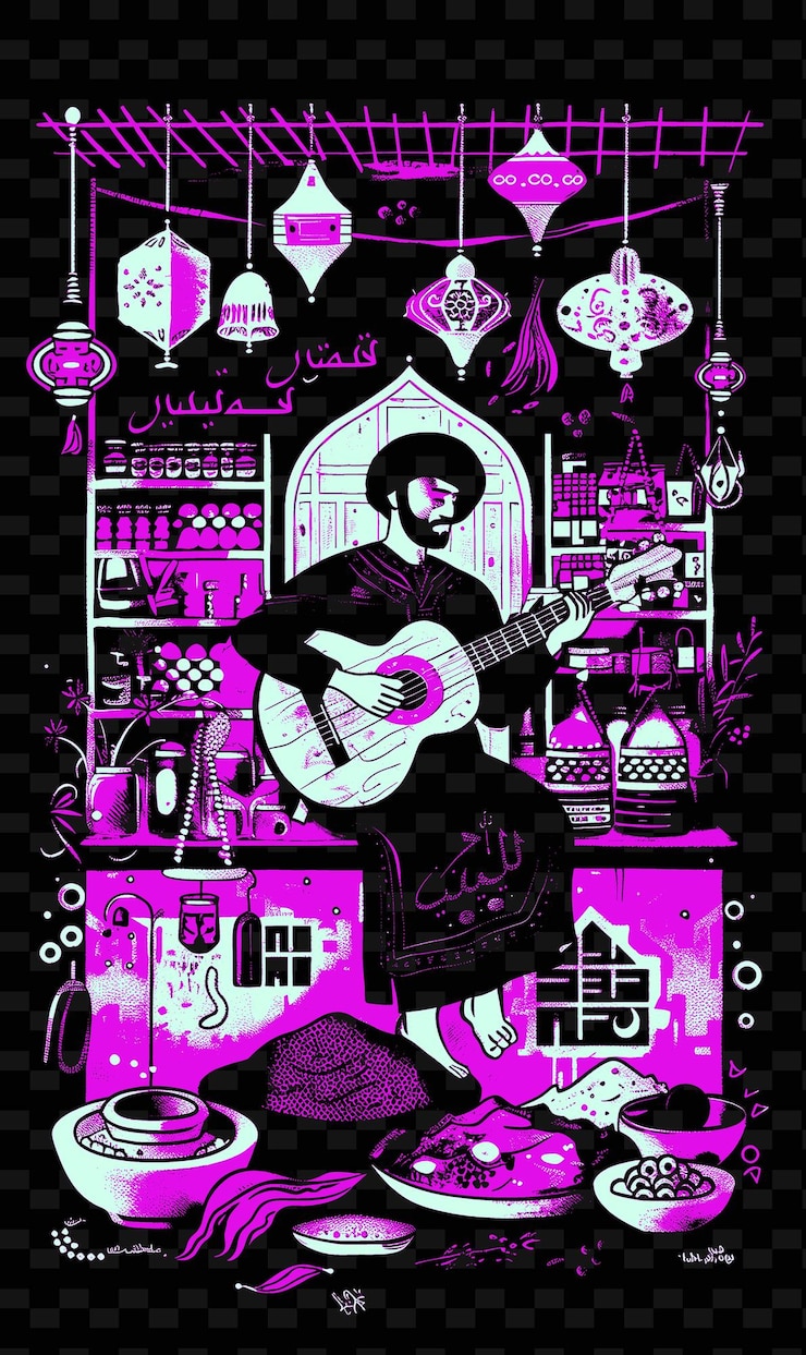 PSD jugador de oud en un bazar de oriente medio con diseños de carteles musicales de especias e ilustración de textiles