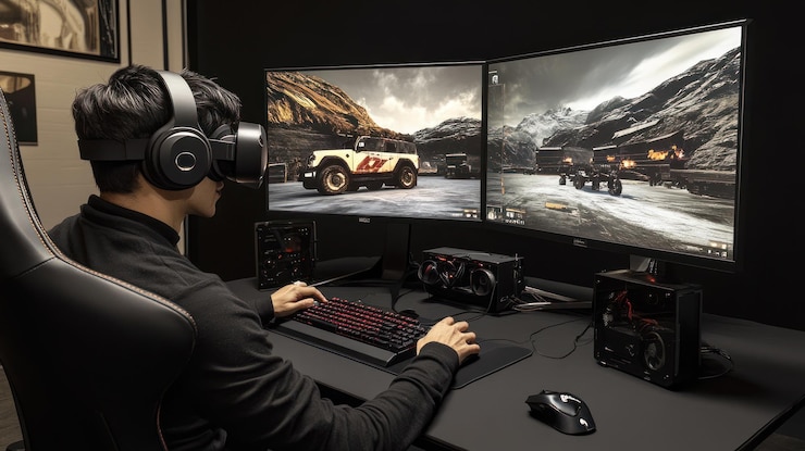 PSD jugador que utiliza vr con monitores duales y configuración de juegos