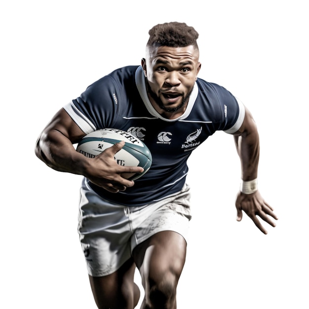 Jugador de rugby con pelota en camiseta azul imagen generada por ai