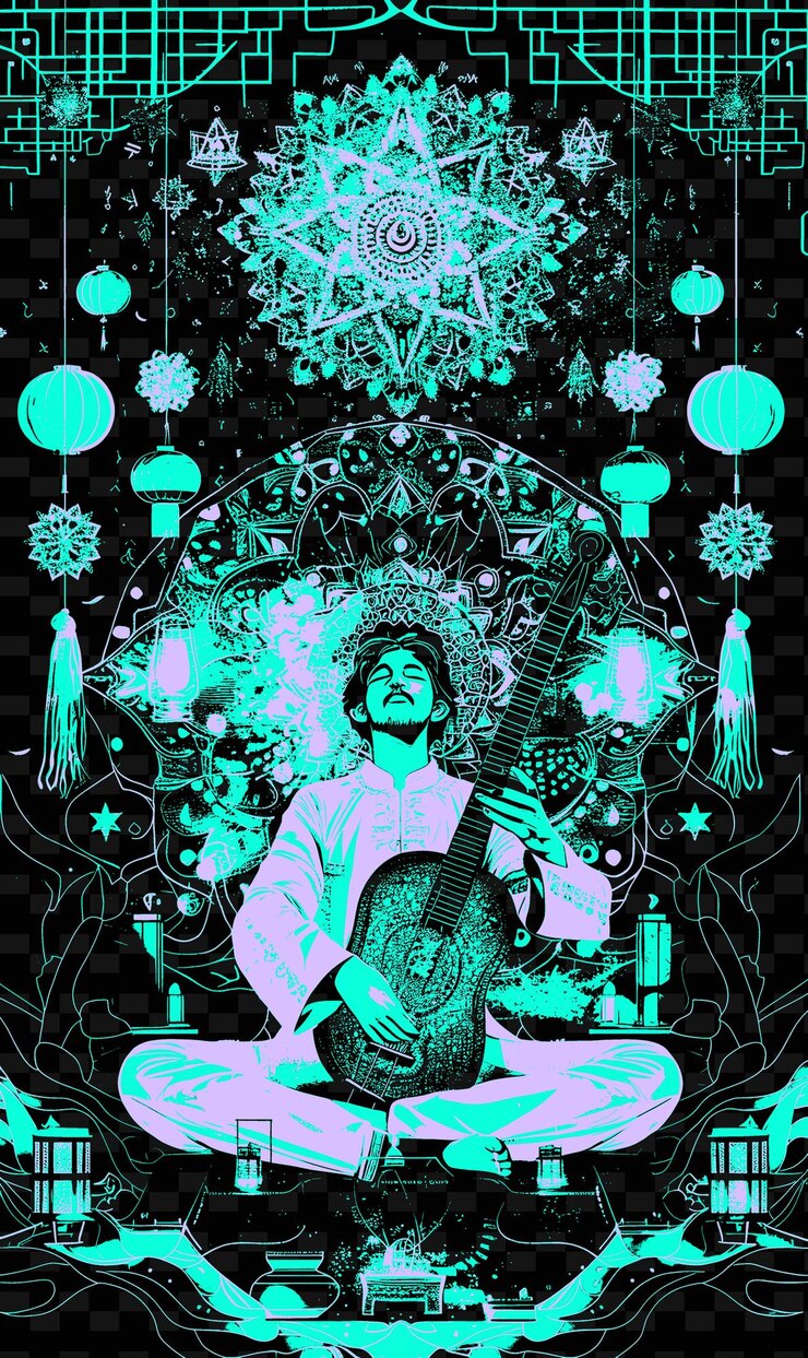 PSD jugador de sitar indio sentado en una escena con diseños de carteles de música con ilustraciones interactivas