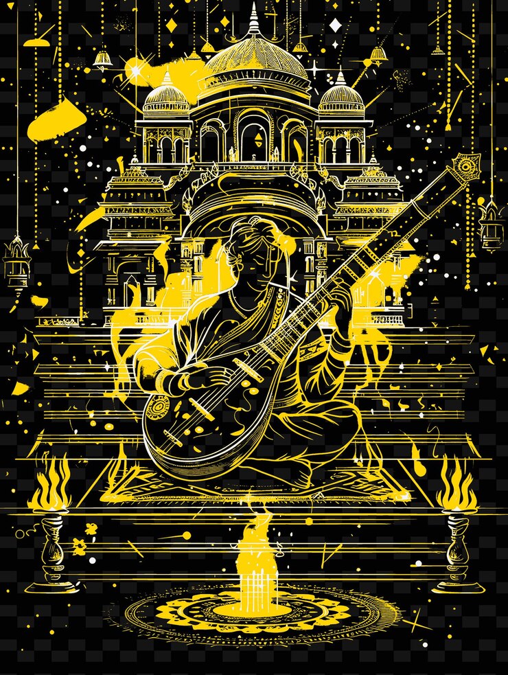 PSD jugador de sitar en un templo indio con rangoli e incienso po ilustración diseños de carteles de música
