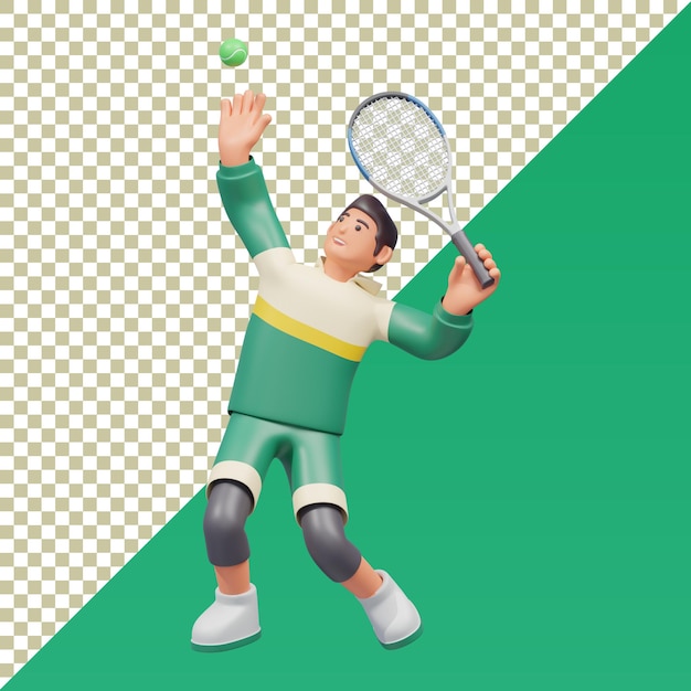 Jugador de tenis de dibujos animados en 3D aislado sobre un fondo transparente