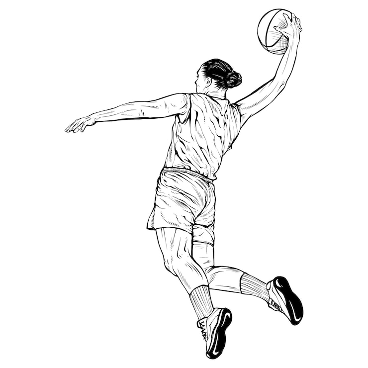 PSD jugadora de baloncesto femenina estilo de grabado de línea vintage ilustración de silueta dibujada a mano