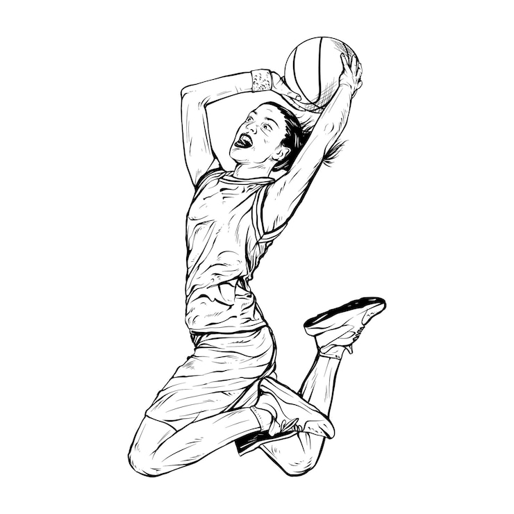 PSD jugadora de baloncesto femenina estilo de grabado de línea vintage ilustración de silueta dibujada a mano