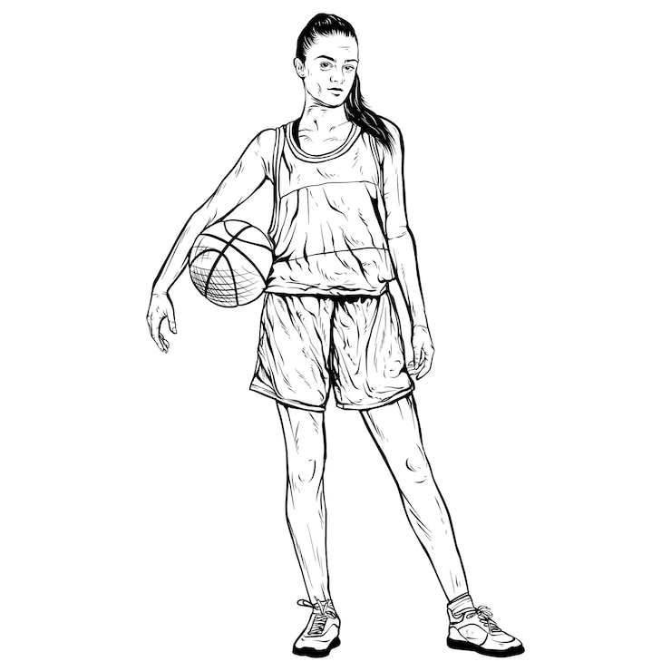 PSD jugadora de baloncesto femenina estilo de grabado de línea vintage ilustración de silueta dibujada a mano