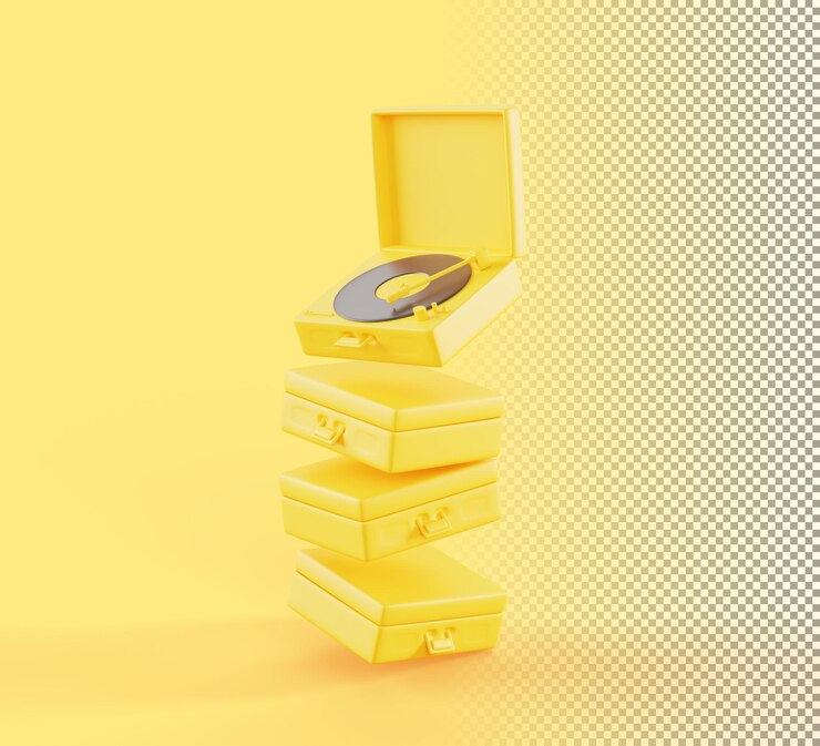 PSD jugadores de discos de vinilo monocromáticos amarillos renderización 3d pila aislada de tocadiscos de música vintage volar abierto y cerrado viejas cajas portátiles diseño de arte creativo modelo de pancarta para fiesta retro ilustración 3d