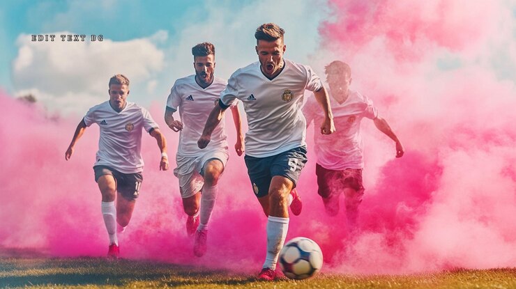 PSD los jugadores de fútbol en uniformes blancos corren a través del humo rosa driblando una pelota