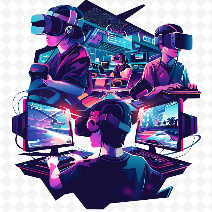 PSD jugadores surcoreanos compitiendo en un torneo de deportes electrónicos ilustración desi vista del paisaje cultural