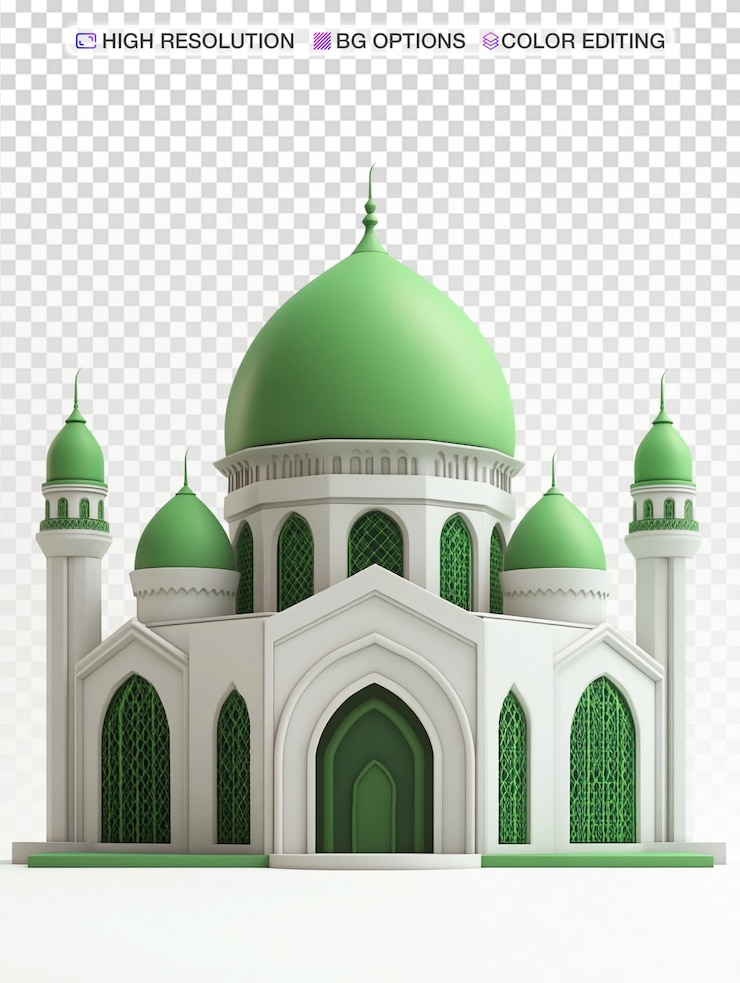 PSD jugar con la cúpula de la mezquita de dibujos animados en 3d en verde vibrante contra un fondo blanco