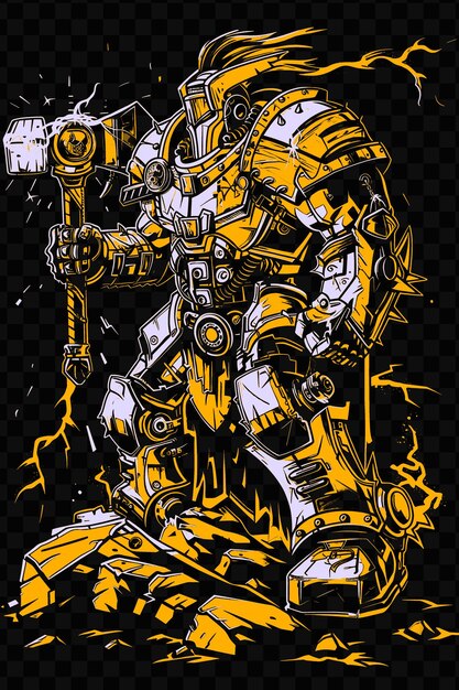 PSD juggernaut blindé avec un marteau de tonnerre dans un t-shirt écrasant designes d'art d'encre de tatouage de puissance