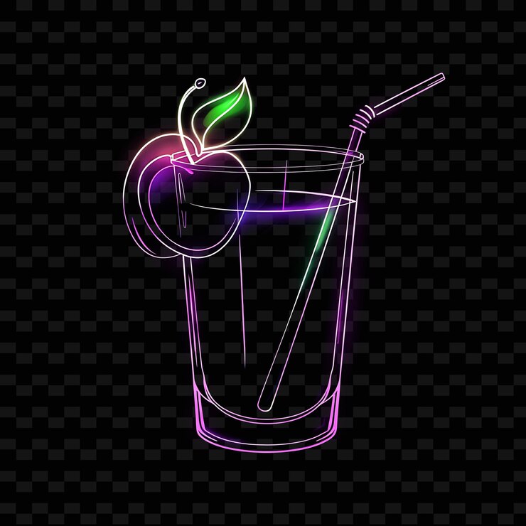 PSD jugo de ciruela de estilo neón parpadeante en un vaso a la moda en forma de ciruelo diseños de bebidas artísticas de línea de neón y2k