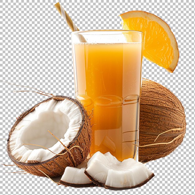 Jugo de coco con frutos frescos de coco jóvenes aislados sobre un fondo blanco