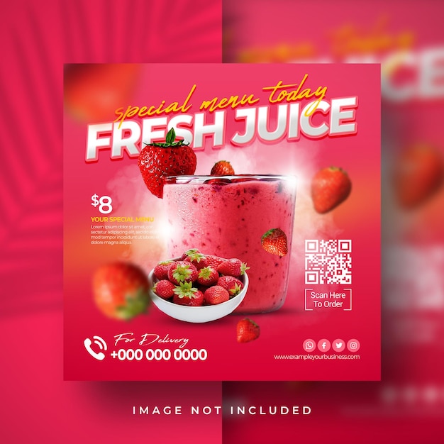 Jugo fresco bebida helada especial promoción de menú dulce de fresa plantilla de banner de publicación de redes sociales