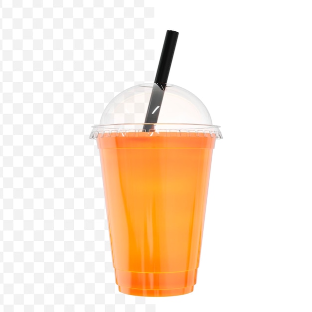 Jugo de naranja 3d en un vaso de plástico con una ilustración de representación 3d de paja