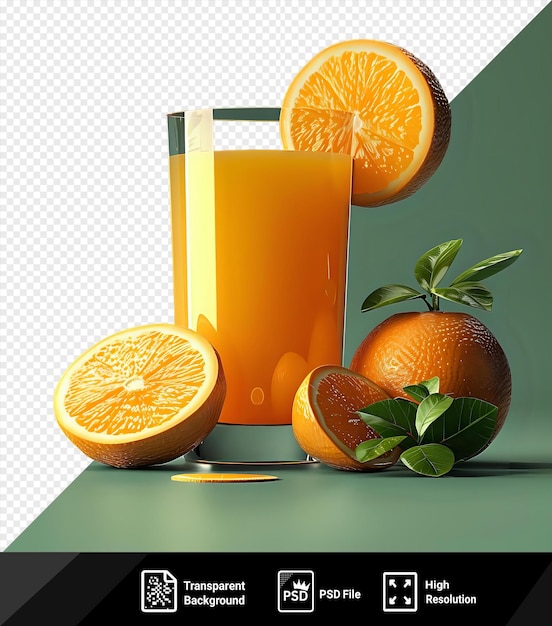 PSD jugo de naranja y frutas de todo tipo dispuestas en una mesa verde con una hoja verde en primer plano contra una pared verde png